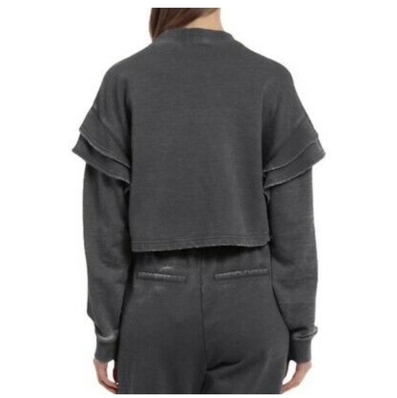 7FAMK 7 For All Mankind Women's Cropped Ruffle Shoulder Dark Gray Sweatshirt - Picture 4 of 14